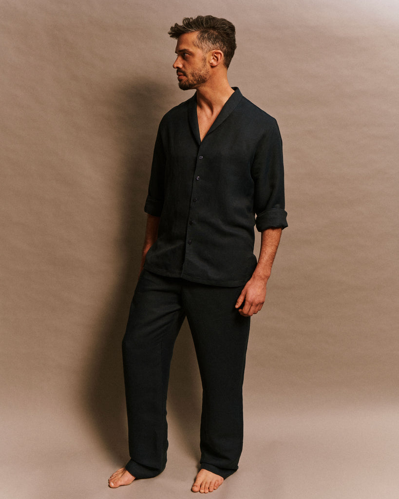 Men and women high waist double-breasted pants with dune-shaped back pockets in blue marine black linen deadstock fabric with mother-of-pearl buttons model Jean-Paul LES DUNES.